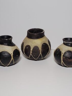 Set of 3 Black and Cream Handpainted Ceramic Vessels